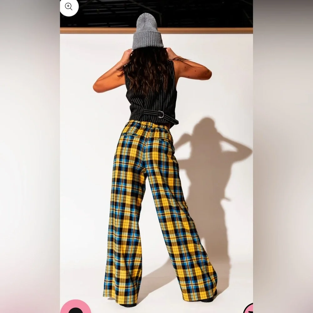 Dressed in LALA Yellow and Blue Flannel Plaid Wide Leg Pants - Picture 2 of 4